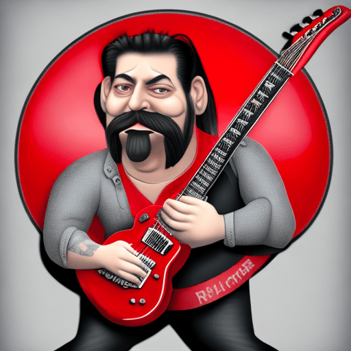 3d caricature of a man with short van dyke beard with tattoos playing a full red les paul guitar