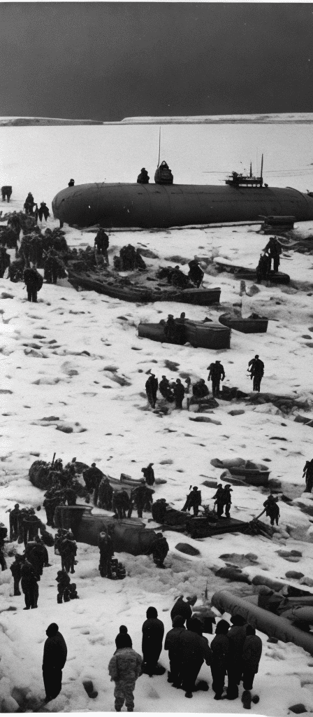 Soldiers in arctic gear unloading equipment from a submarine onto an icy shore