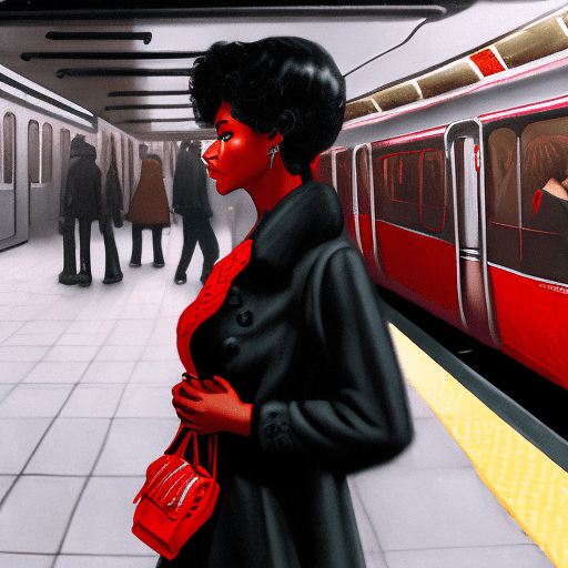 A highly attractive black hair woman who is waiting the subway. She is wearing red lace underwear and a black long long coat. The photo is taken with a high-resolution camera. The background includes typical elements of a new york subway station view. The scene is vibrant and elegant, focusing on women's features, and clothing. Perfect face, simetrical face, simetrical eyes, 4k, ultra detailed, sharp focus, 8k, high definition, insanely detailed, intricate:1. 1