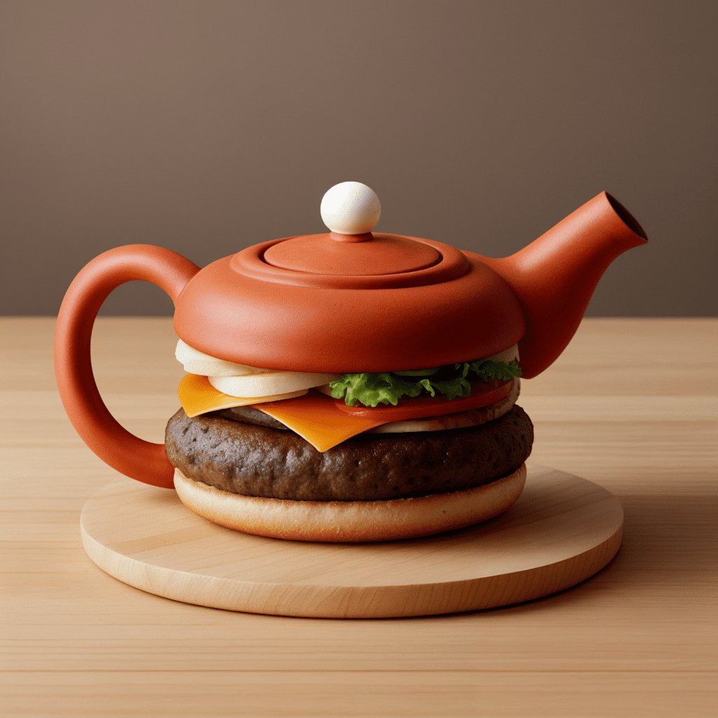 A teapot that mimics a shape of hamburger, concept of a hamburger , (teapot)