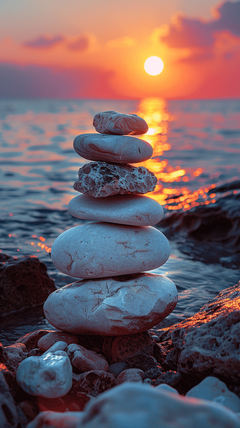 Photo of a stack of smooth stones balanced on top of each other, with the sun setting in the background over an ocean --ar 9:16 --stylize 750