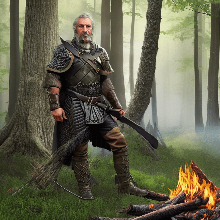A scary dark forest with tall trees and lush foliage, foggy landscape, gentle rain falling on the leaves and forest floor, photo realistic painting, a legendary old celtic warrior wearing worn leather armor, sitting by a campfire, gray hair on head, ultra detailed
