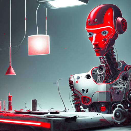 Hyper realistic portrait of a half dammmaged android, leaning slightly sideways, one eye missing and the other shining red and with some robotic parts coming out of his half destroyed head, leaning over a workbench with many other robotic parts, the android is white with some red details, the room should be in a dark cyberpunk athmosphere. With some dimmed neon lights