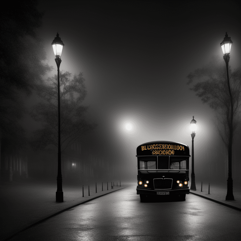 Photograph of a beautiful black school bus, front view, victorian street, dark fairytale aesthetic, intricate details, in the middle of the night, very detailed, lit street, dead trees, streets lights, foggy, divine presence, cemetery nearby