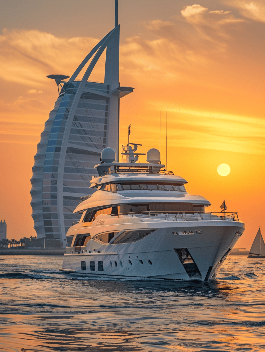 Photograph a luxury yacht cruising with the iconic burj al arab in the background, sunset, nikon d850, 70-200mm lens, natural daylight, focus on the yacht's movement and the majestic hotel, dynamic and breathtaking, --ar 3:4