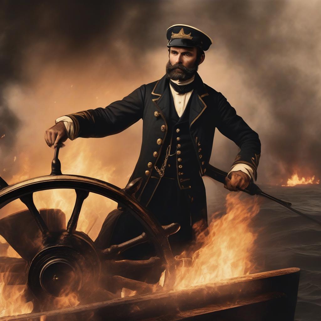 Burning helmsman of a 19th century steamer is holding the rudder steering wheel firmly, while a fire blazes around him in the ship, flames and smoke, dramatic action pose, catastrophe around ongoing