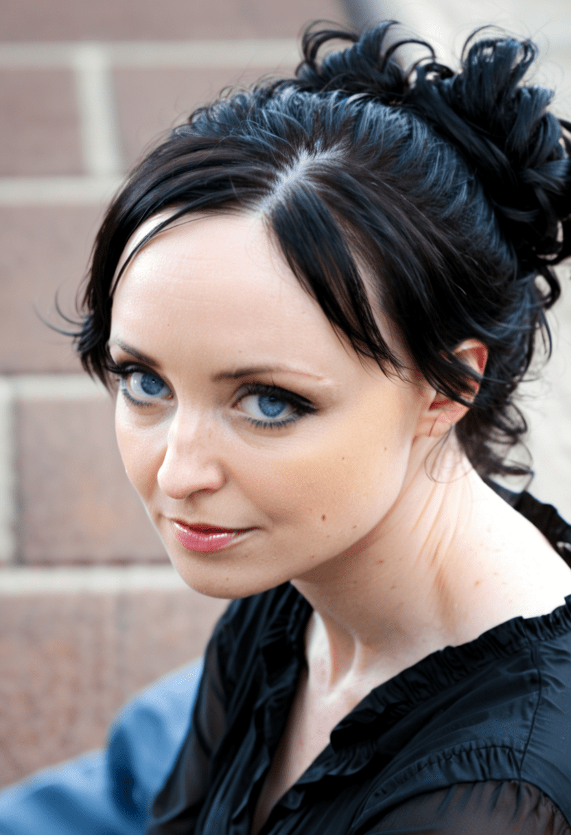 This is a photograph of a woman from the side and a high angle while sitting outside on a city bench. Her head is turned and she looks at the viewer. She has gorgeous light-blue eyes. Her long black hair is pulled back into a messy bun. The (black blouse:1. 1) she wears is low cut and slightly revealing. It's a warm sunny summer day. Soft natural light, casting shadow style, perfect eyes, extremely intricate details, masterpiece, epic, clear shadows and highlights, realistic, intense, enhanced contrast, highly detailed skin, f/2. 8, bokeh