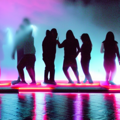 Misty lit with smoke and fog neon night club, crazy night dance at the night club, crowded party emerging from fog and music,