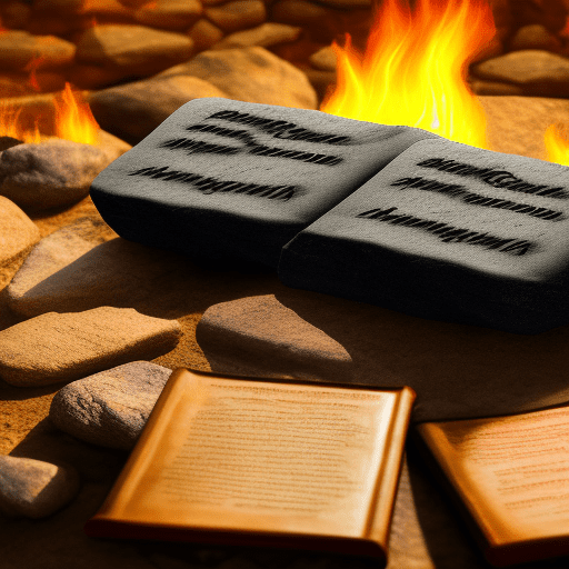 Two tablets of stone with paleo hebrew 10 commandments written on them with flames coming from the inscriptions. The background is a night scene of large stone mountain.