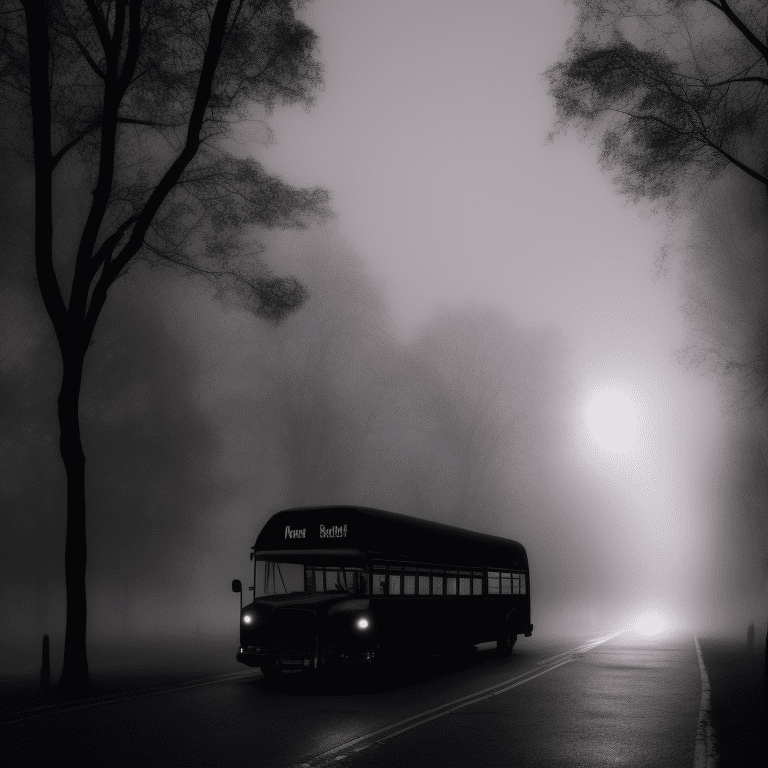 Photo of one large black bus in the street, spooky silhouette driving, bright lights, victorian street, dark fairytale aesthetic, intricate details, in the middle of the night, very detailed, lit street, dead trees, streets lights, foggy, divine presence, cemetery nearby