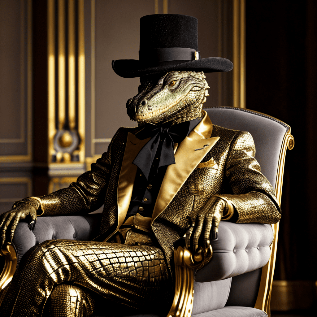 Photo of an anthropomorphic crocodile sitting in a chair, wearing golden suit and black colored cylinder hat