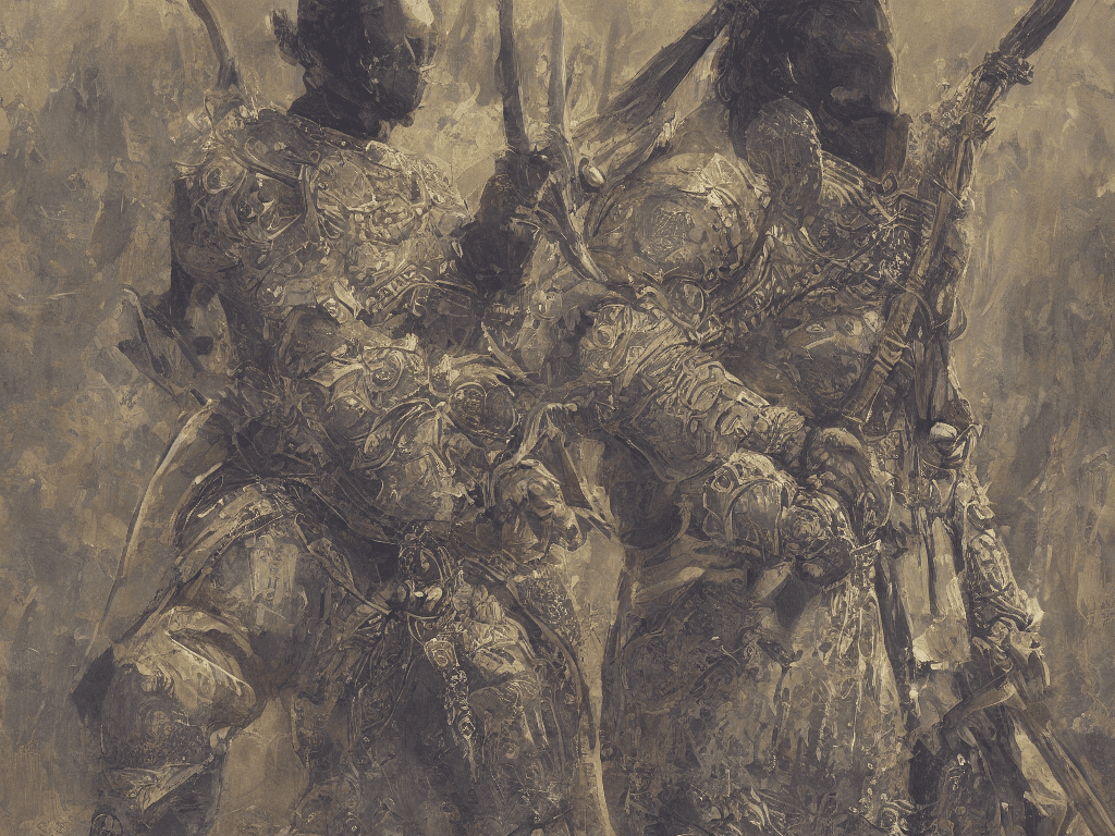 A painting of a lone mysterious warrior, set during golden hour, finely detailed armor, weapon, intricate design and details, ultra-detailed, highest detail quality