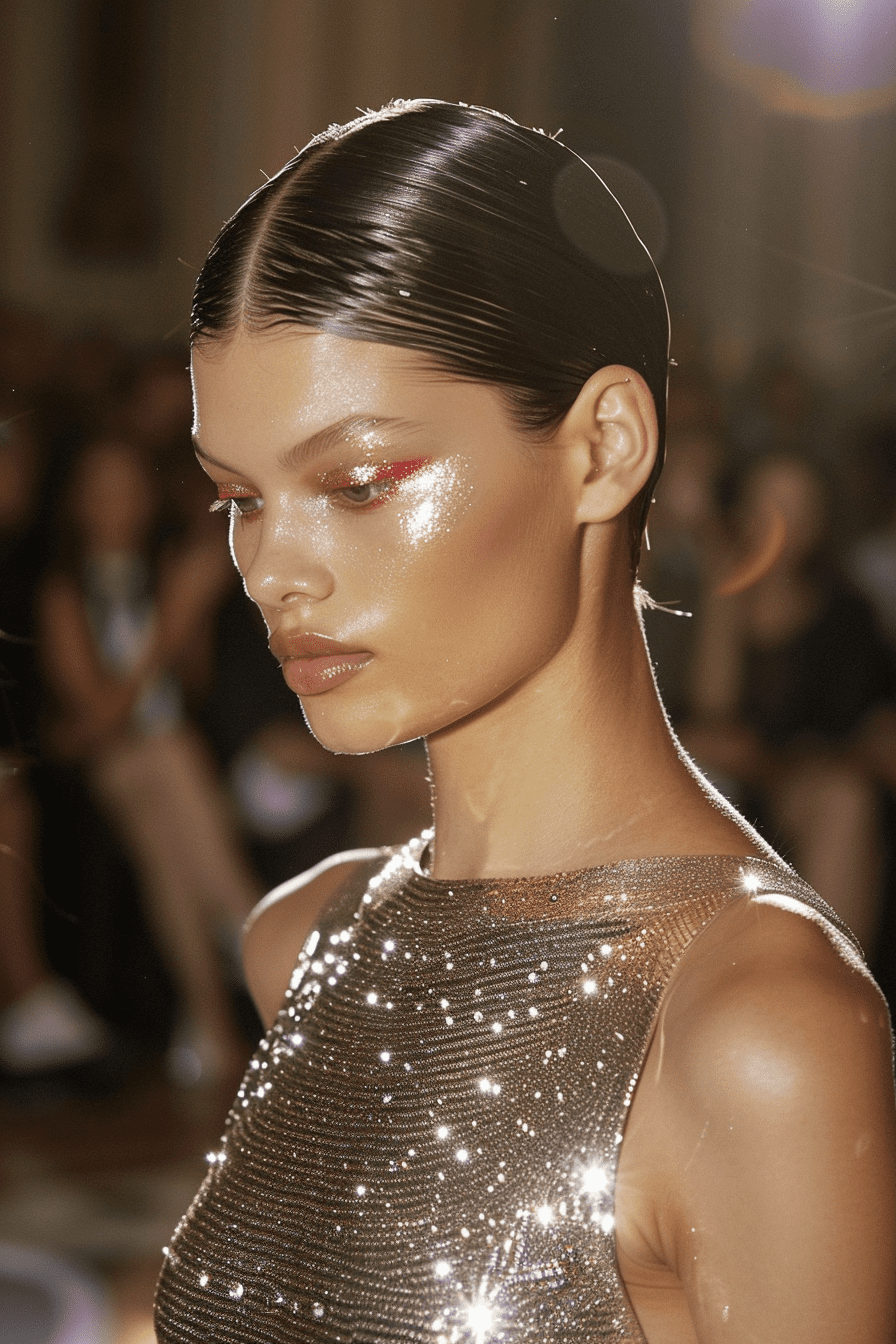 Close up model in minimalistic shiny glitter silver dress with small crystals on the floor at runway, slicked back hair style, dark pink eye shadows, black eyeliner, cat eye makeup, natural skin, no make-up, pink blush, muted pastel colors