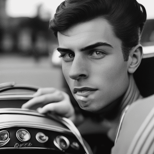 Close up portrait of an attractive man inside vintage convertible car, on the streets of london, shot by arriflex 35 bl camera canon k35 prime lenses --ar 1:2 --stylize 750