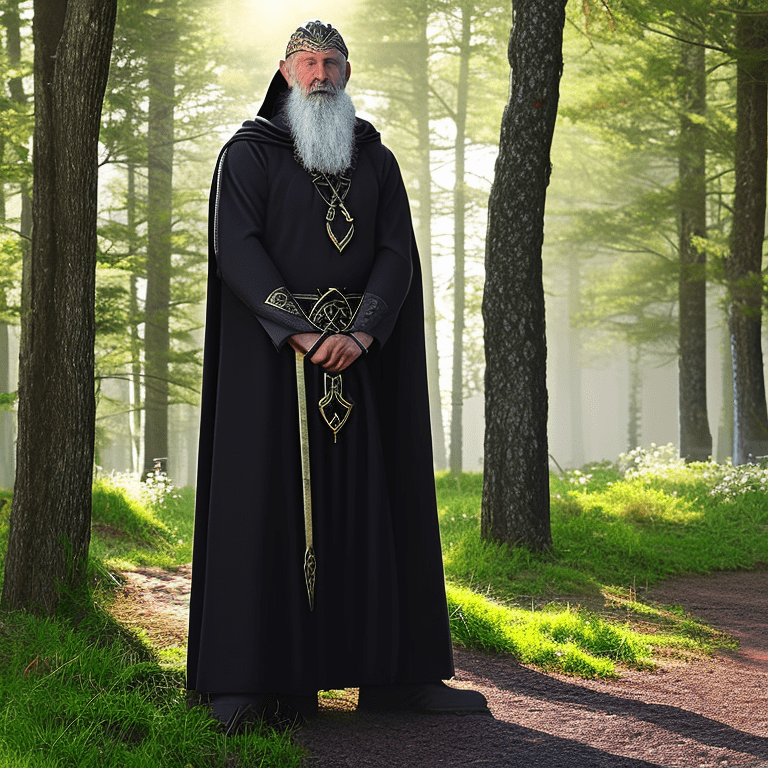 ((full body image) ), a photo of a legendary old celtic warrior, gray beard, sad face, wearing a dark hood, dark fantasy, lensflare, dynamic light, 8k, uhd, ultra realistic photo, realistic photography, cinematic view, cinematic angle, best quality, masterpiece