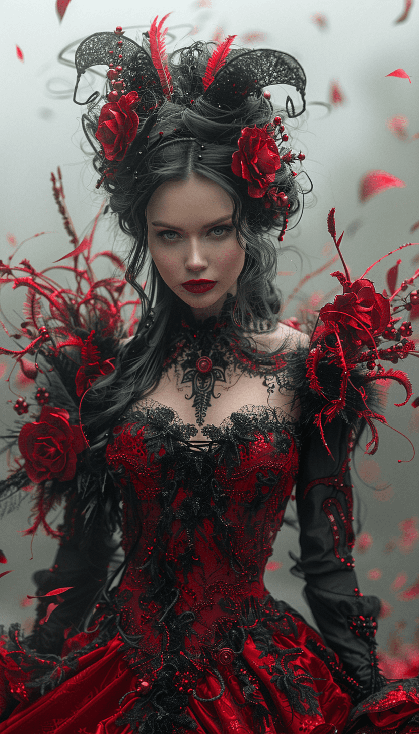 A woman-devil portrait , glamour, dressed in fashionable clothes, 32k uhd, glamour, mysterious backdrops, creative, --ar 4:7 --v 6. 0 --s 750 --style raw