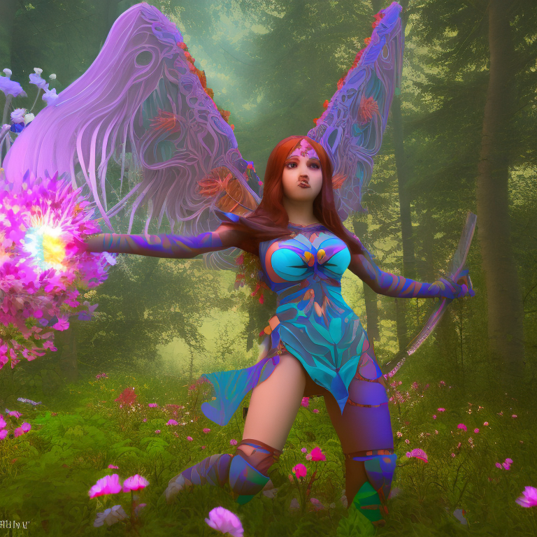 Magical forest scenery, valkyrie (a female) , a warrioress, clean skin, particles of light, multi color fairy wings, neon multi color hair, soft particles of fractal energy, depth of filed, breath of wild, lots of flowers around, masterpiece, perfect anatomy, 32k uhd resolution, best quality, highres, realistic photo, professional photography, cinematic angle, cinematic lights, vibrant, vivid color, highest detailed, whole body from far away, looking at viewer, cowboy shot
