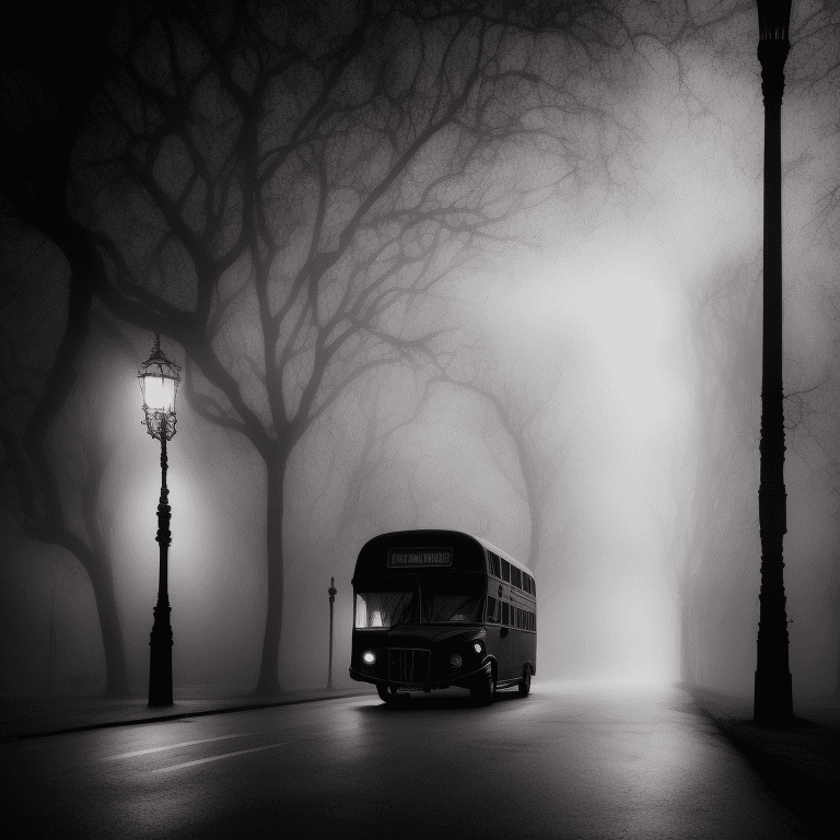 Photo of one beautiful black bus in the street, spooky silhouette driving, bright lights, victorian street, dark fairytale aesthetic, intricate details, in the middle of the night, very detailed, lit street, dead trees, streets lights, foggy, divine presence, cemetery nearby