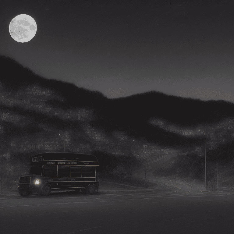 Glossy black school bus at a distance on a hill, intricate details, in the middle of the night, moonlight, very detailed, lit street, streets lights
