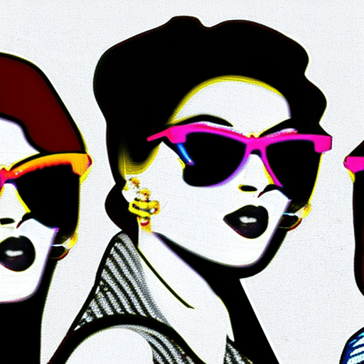 Three women with yellow sunglasses and a black jacket, in the style of vhs, animated gifs, candid celebrity shots, 1990s, trillwave