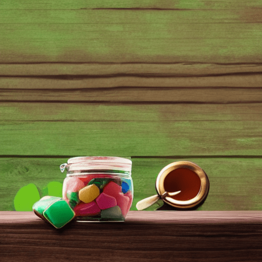 A jar of sweets, with a backdrop of a green wall in the background, placed on a rustic wooden table, 8k