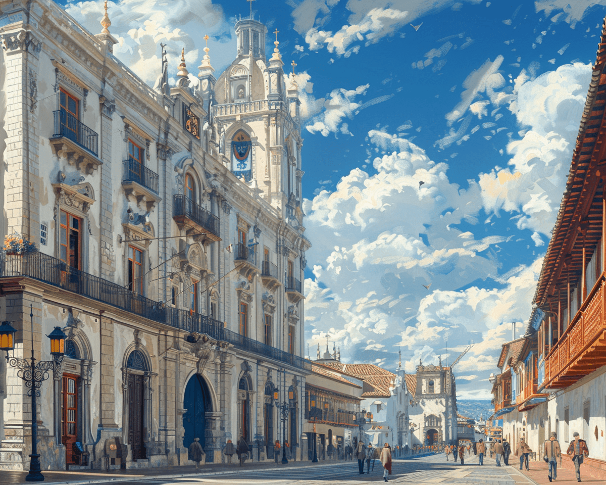 Painting old quito xixth century street , centro historico, sunny day, old cathedral, people walking around, hyperrealistic, 8k, --ar 5:4 --s 250 --v 6. 0 --style raw