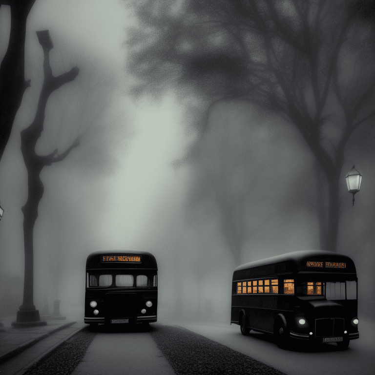 Low shot of a beautiful black bus, side view, victorian street, dark fairytale aesthetic, intricate details, in the middle of the night, very detailed, lit street, dead trees, streets lights, foggy, divine presence, cemetery nearby