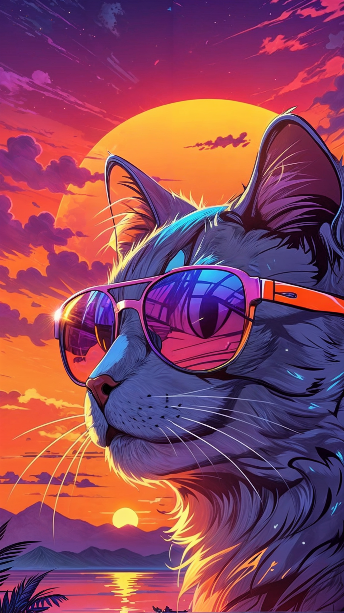 80s synthwave high detail purple cat with bright orange sunglasses, sunset in the background, vivid colors, detailed