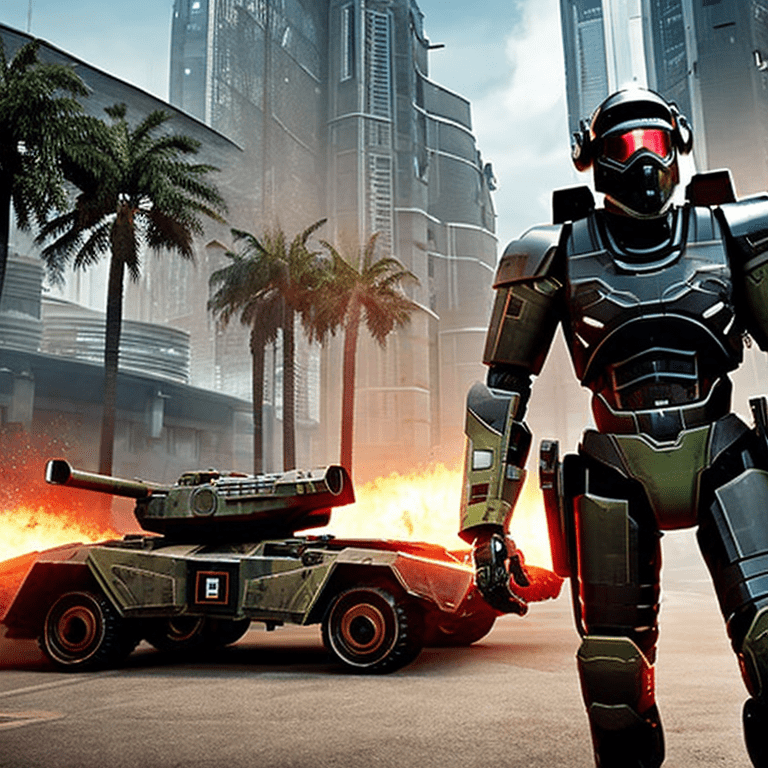 Dystopian nightmare, cinematic, sci-fi, volumetric lighting| a rebel soldier is wearing a mech suit | soldier is wearing with advanced black armor| soldier is holding an advanced rifle| armor is shiny and metalic | soldier is standing on a street| a large battle between futuristic tanks in background