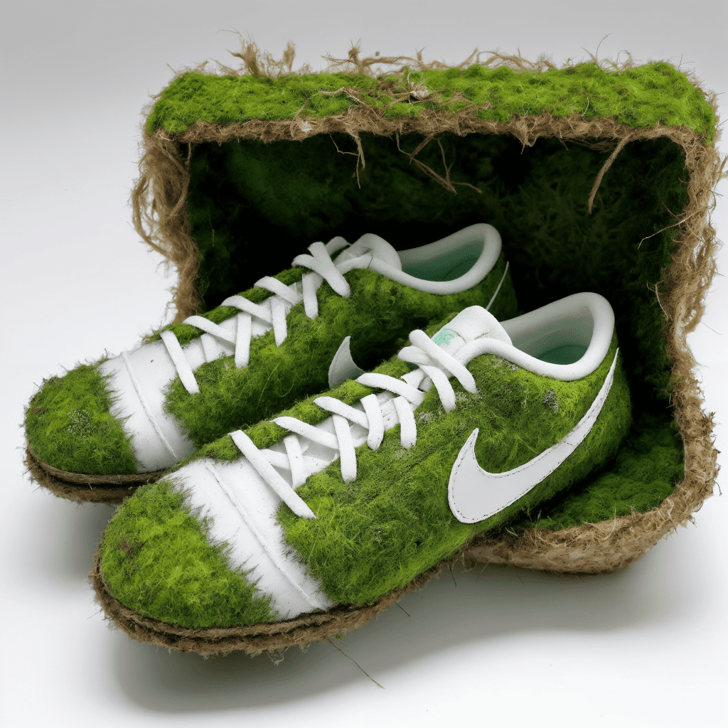 Made from green moss (nike sneakers:0. 95) ]made of moss from green leaves and moss, small white flowers growing from moss, white background, box, photo realistic, detailed