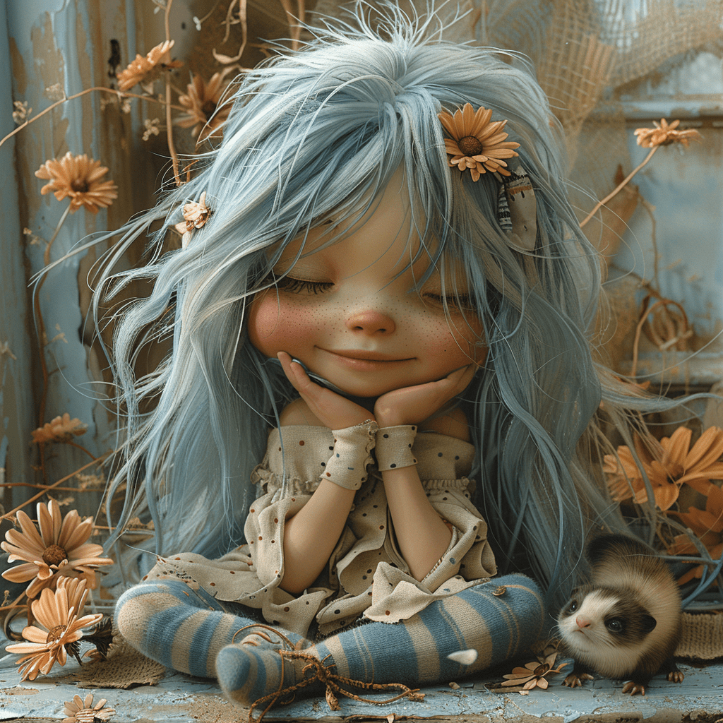 A silly little troll girl with long messy pale blue hair, long eyelashes, small nose, cream bandana with 2 pale pink flowers. Cream striped socks, dressed in a cream and pale blue polk adot dress with a few layers, she looks happy and stretches and enjoys the good smell of a flower in her hand. A ferret stand beside her. Background faded with a few flowers. Hyper detailed, high resolution, oil painting, detailed facial feature --style raw --stylize 750