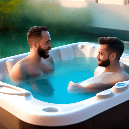 Two bros chilling in a hot tub 5 feet apart because they ’ re not gay, trending on artstation, award winning photography