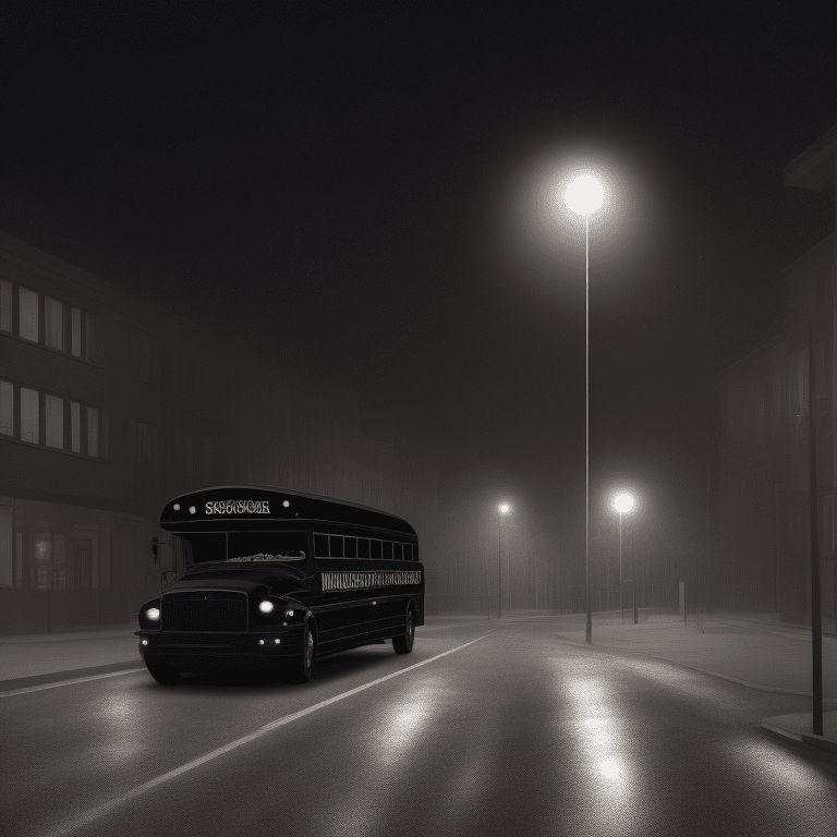 Glossy black school bus at a distance, in the middle of the night, moonlight, very detailed, lit street, streets lights