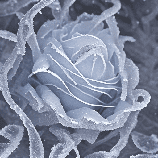 A poisonous rose covered in ice crystals in the middle of a once vibrant garden that is now frosted, a venomous snake in the garden. The moonlight casts an eerie glow on the frozen petals, highlighting the intricate patterns of the ice crystals. The snake slithers sinuously through the icy undergrowth, its scales glistening with a frosty sheen. The garden, once teeming with life and color, now lies silent and frozen under the moonlit night,