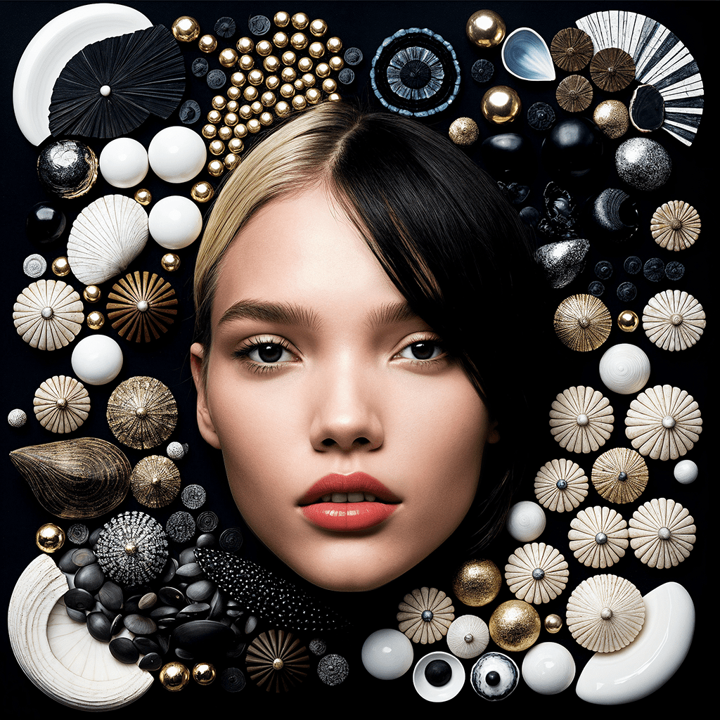 The anatomy of a woman's head [:sasha luss,yin and yang :0. 2] made of shiny black domino pieces and smashed sea shells, [ : vanitas, angular, altermodern, surreal : 0. 00. 5 ]