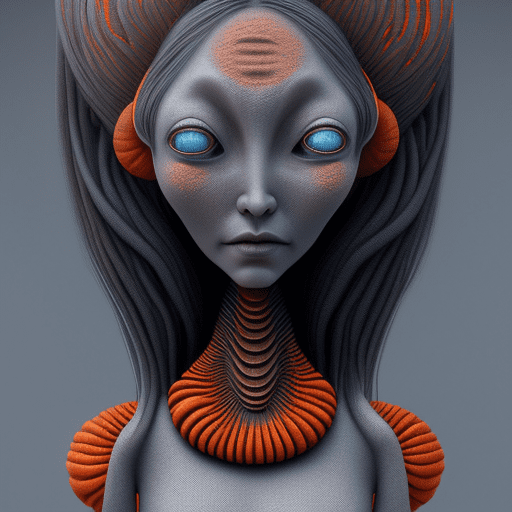 2d art of woman alien, long hair , in the style of textured illustrations, light gray and bronze, online sculpture, naoto hattori, jeremy lipking, dark sky-blue and orange, intense close-ups --ar 9:16 --stylize 750 --v 6
