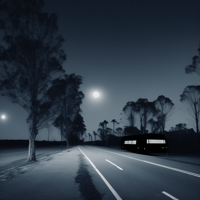 Side view of a long and dark lit strange bus at a distance, in the middle of the night, moonlight, lit street, dead trees, streets lighs