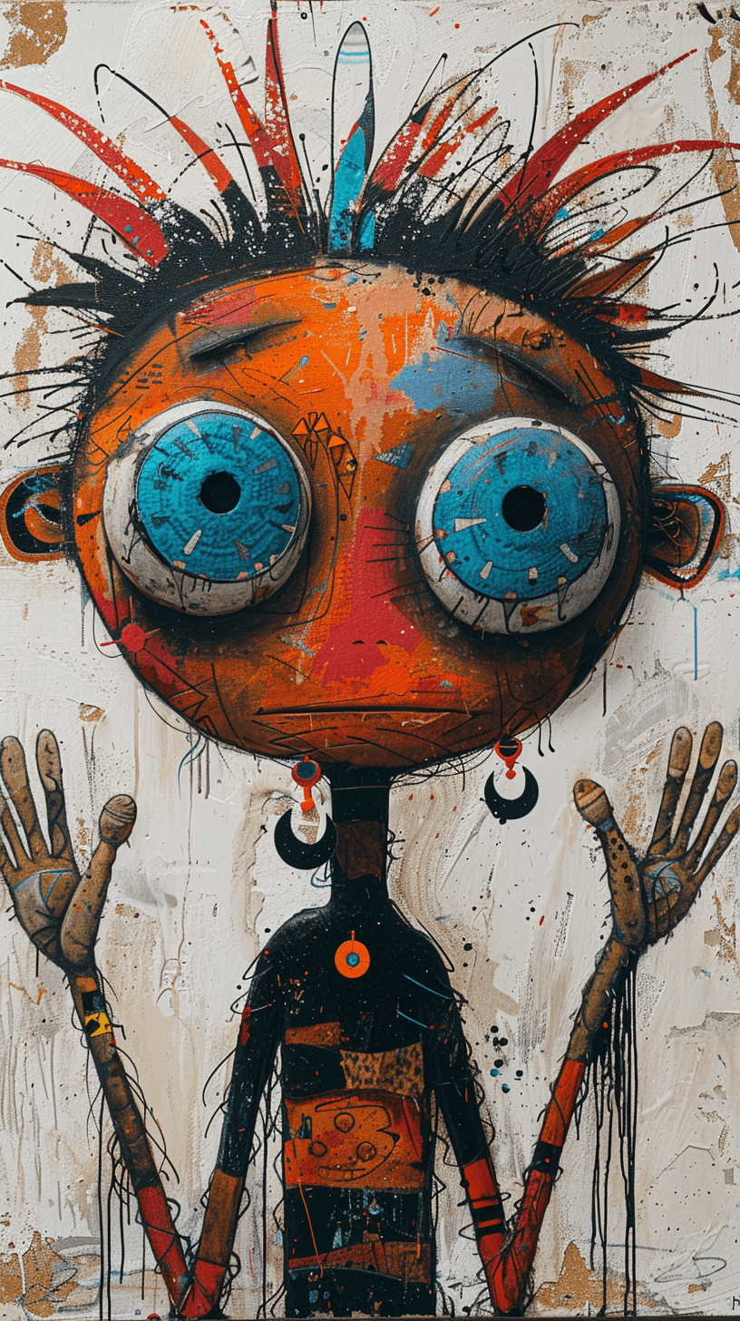A painting in the style of joan miro depicting a cartoon figure with blue eyes, orange skin, black hair, earrings, long red feathers on his head, holds hands up to make a face, white background --ar 9:16 --stylize 750