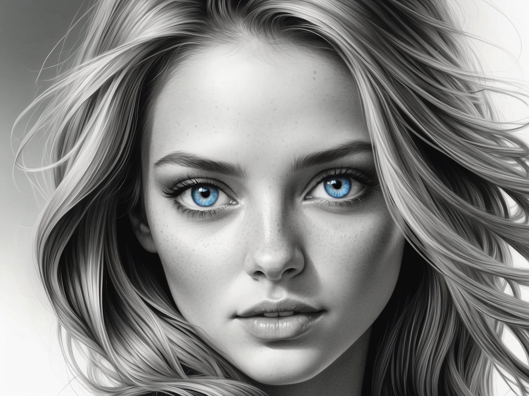 A drawing of a woman with blue eyes, a photorealistic painting by charlie bowater, behance contest winner, photorealism, detailed painting, behance hd, digital painting
