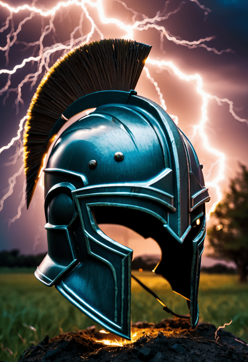 Cartoon art stylized by mike judge, landscape of a (close up of spartan helmet stuck by lightning,fantastic lighting, masterpiece, high quality:1. 2)