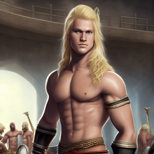 Hyperralistic picture of a young and very beautiful blonde muscular gladiator in loincloth standing in an arena