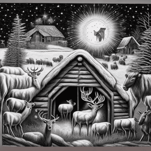 An intricate black and white engraving depicting the christmas scene of baby jesus in his manger, surrounded by animals like deer, cows, sheep and horses under a starry sky. The backdrop is an old wooden hut with trees surrounding it. This detailed artwork captures the magic of christmas with its soft lighting and blue night tones. :: https://s. Mj. Run/5ng1-jiskoi --aspect 1:1