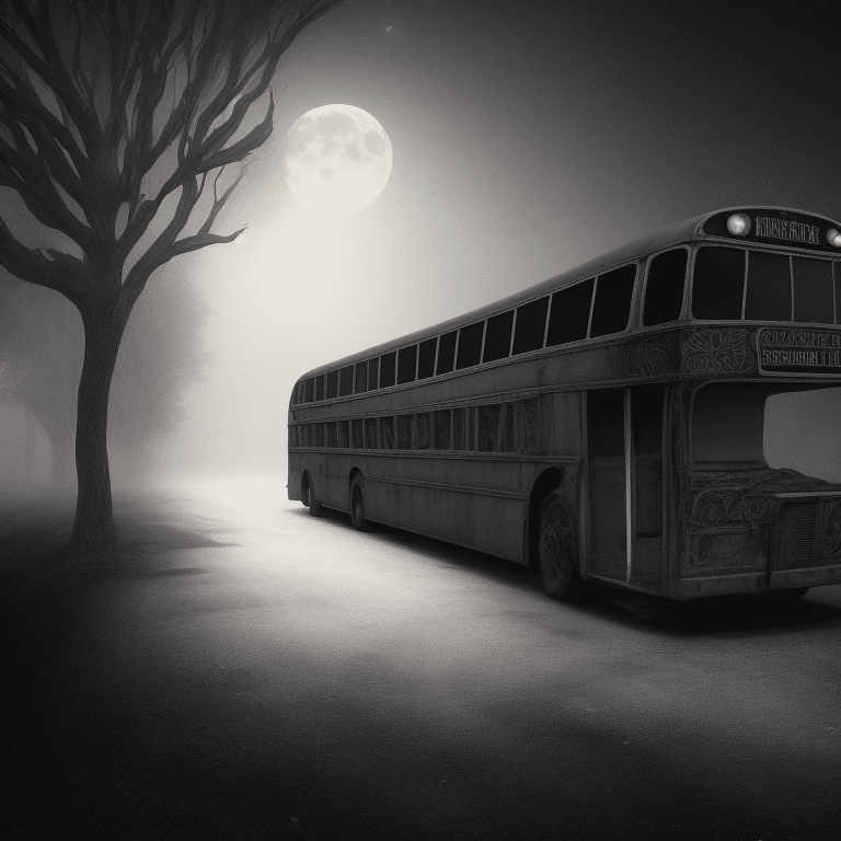 Side view of a detailed school bus at a distance, intricate details, in the middle of the night, moonlight, very detailed, lit street, dead trees, streets lights, foggy, divine presence
