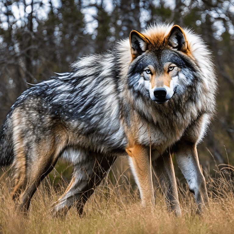A photo of a fierce wolf warrior, dressed in armor, standing in a grassy field, fangs and glowing blue eyes, armor is made of leather and is worn and tattered, nice dynamic pose, canon eos rebel sl2