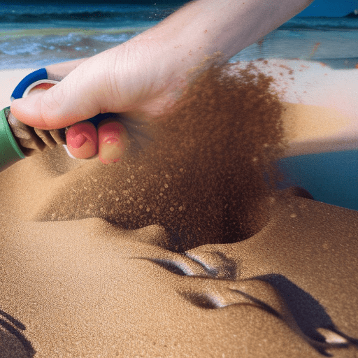 Master piece, high quality, a hand pouring sand onto a beach with shoreline with a pair of old worn sandals under the sand, on the beach