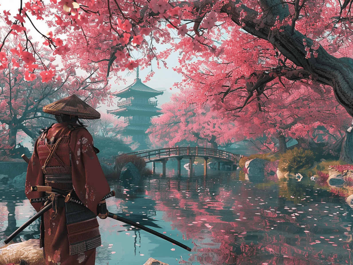 Image of a samurai who is in a japanese garden. Cherries are blooming in the garden. A pond and a bridge. Samurai holding swords. Super detailed picture in 4k. In the style of surrealism --v 6. 0 --ar 4:3 -