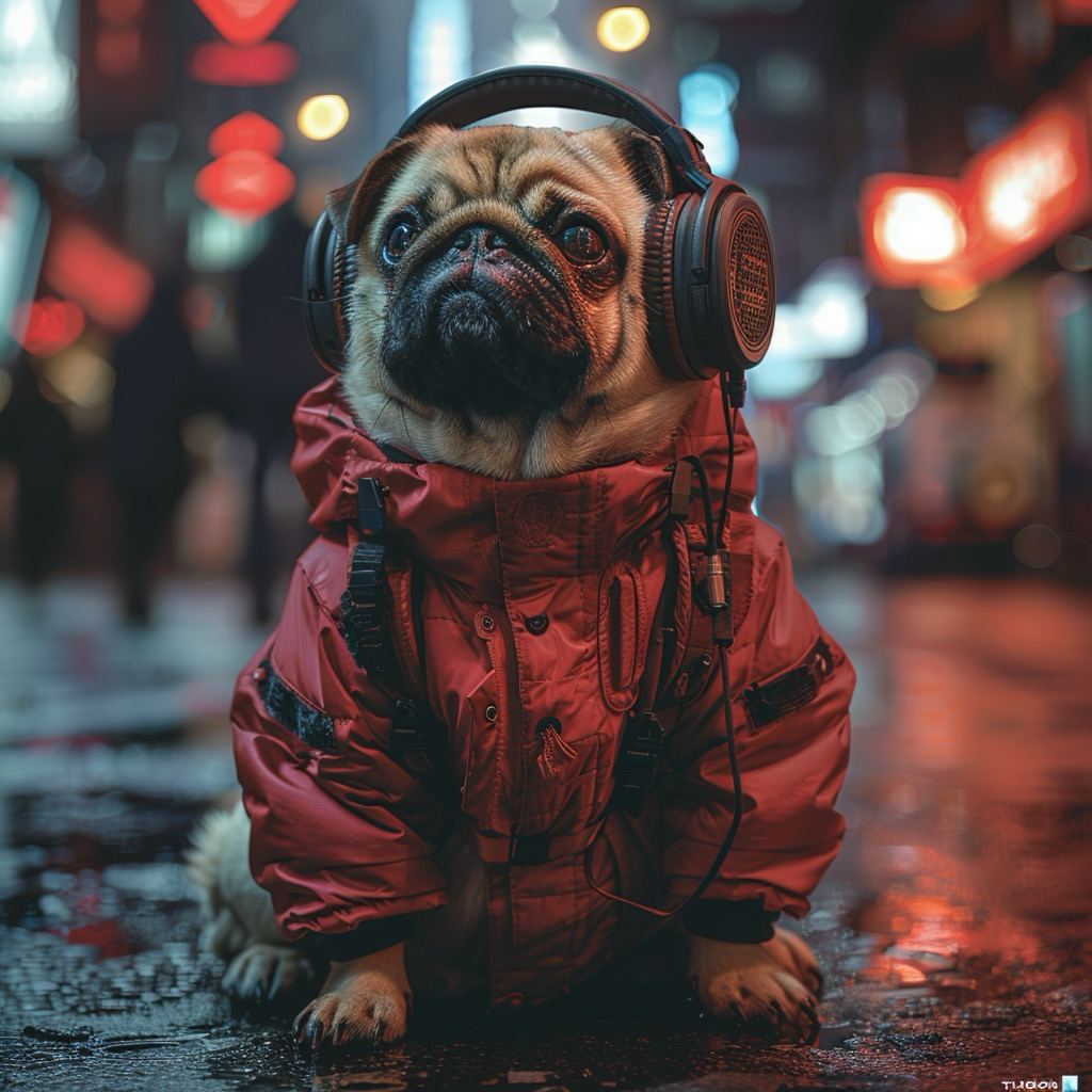 Pug dog, red, one eye blue, the other brown, wearing large marshall headphones, a red down jacket, standing on the road against the backdrop of a rainy city, futuristic style --stylize 700 --v 6. 0
