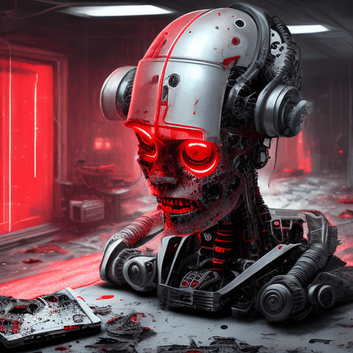 Hyper realistic portrait of a half destroyed android, leening sideways, one eye missing and the othe shining red and with some robotic parts coming out of his half destroyed head, leaning over a workbench with many other robotic parts, the android is white with some red details, the room should be in a dark cyberpunk athmosphere. With some dimmed neon lights