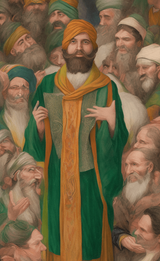 A bearded man in a green turban, wearing a green robe, holds a scroll in his hands. He is surrounded by a crowd of people.