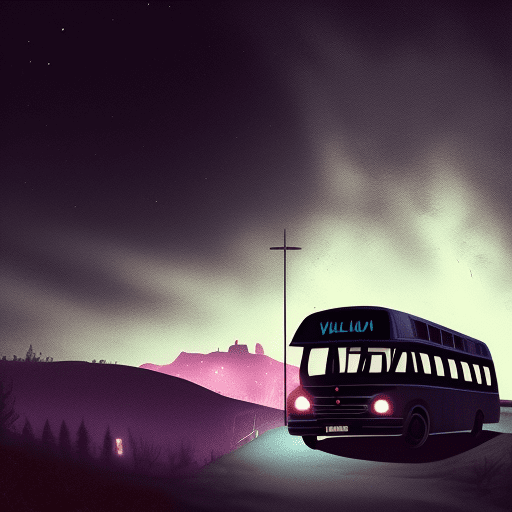Dark bus in the middle of the night, on a hill